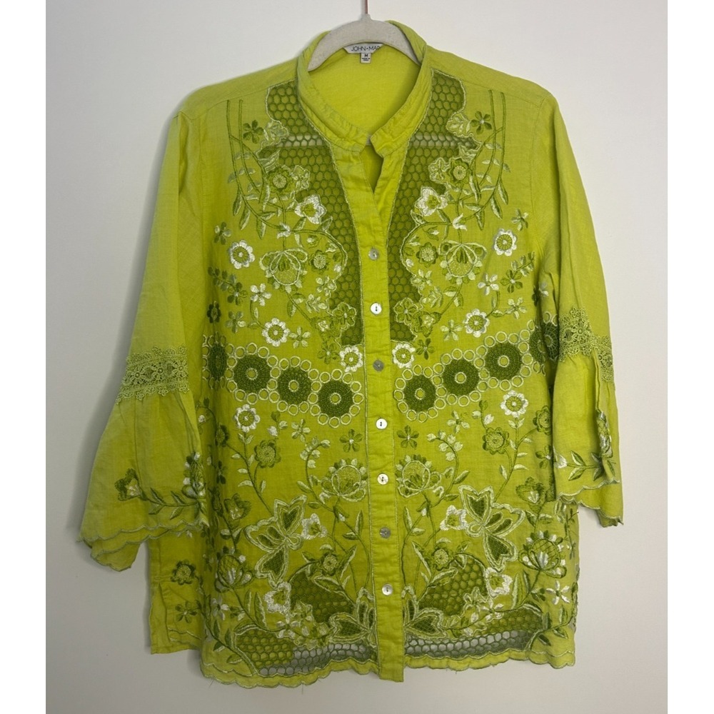 John Mark 100% Linen Embroidered Crochet Lace Blouse Womens Lime Green Medium - Picture 2 of 12